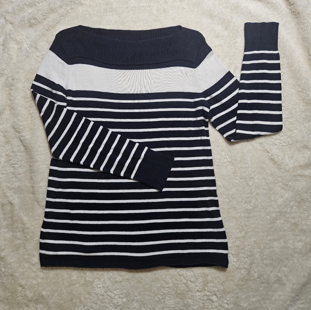 Chaps Black and White Off-the-Shoulder Sweater Nautical-Inspired